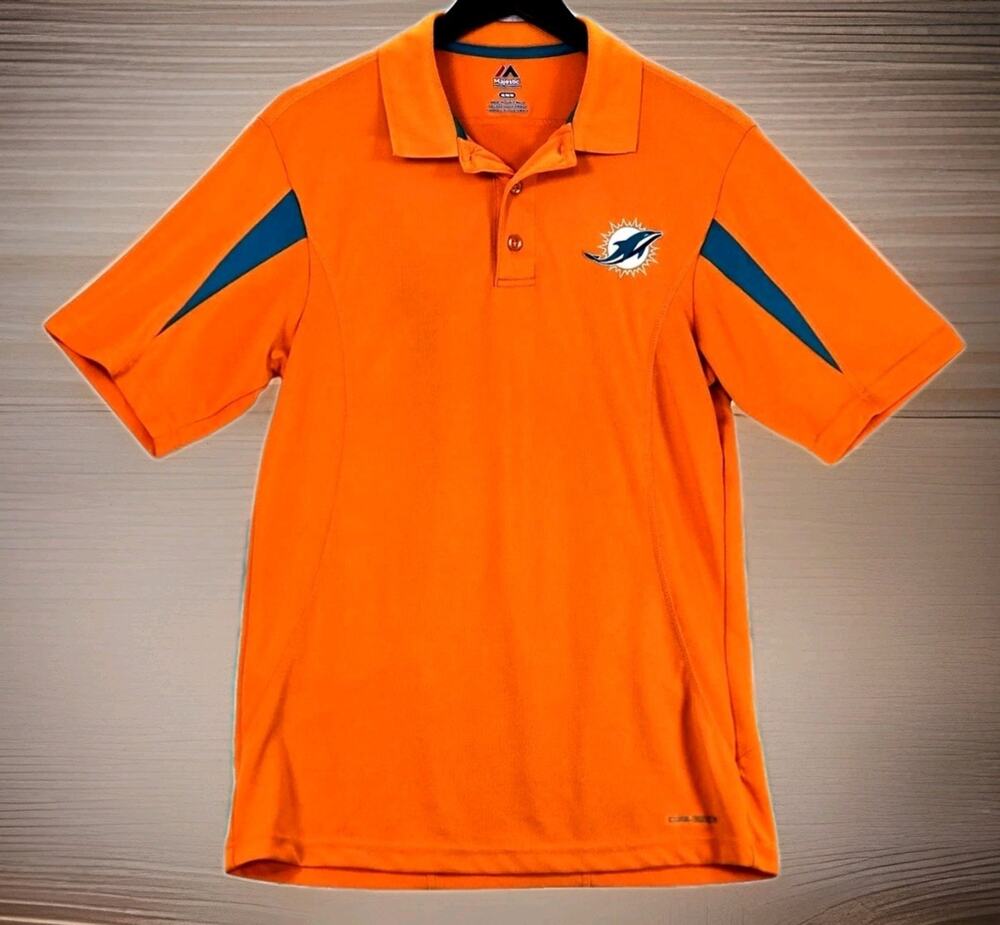 Miami Dolphins Football Polo Men’s Medium Majestic CoolBase Orange Teal Shirt